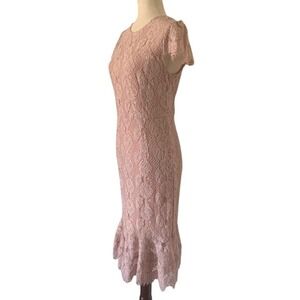 Lamilus Pink Lace Overlay Dress M Medium Fringe Hem Sleeves Boho Cocktail EUC